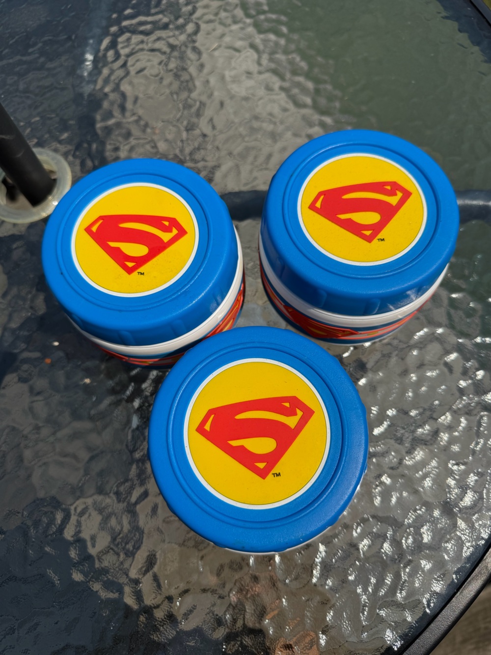 3 vintage 8 oz Thermos Superman Snack Jar features raised rubber 3D logos